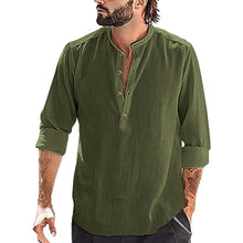 Charger l&#39;image dans la galerie, Mens Cotton And Linen Shirt Casual Long Sleeve Simple Style Breathable Henry Neck
