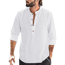 Cargar imagen en el visor de la galería, Mens Cotton And Linen Shirt Casual Long Sleeve Simple Style Breathable Henry Neck
