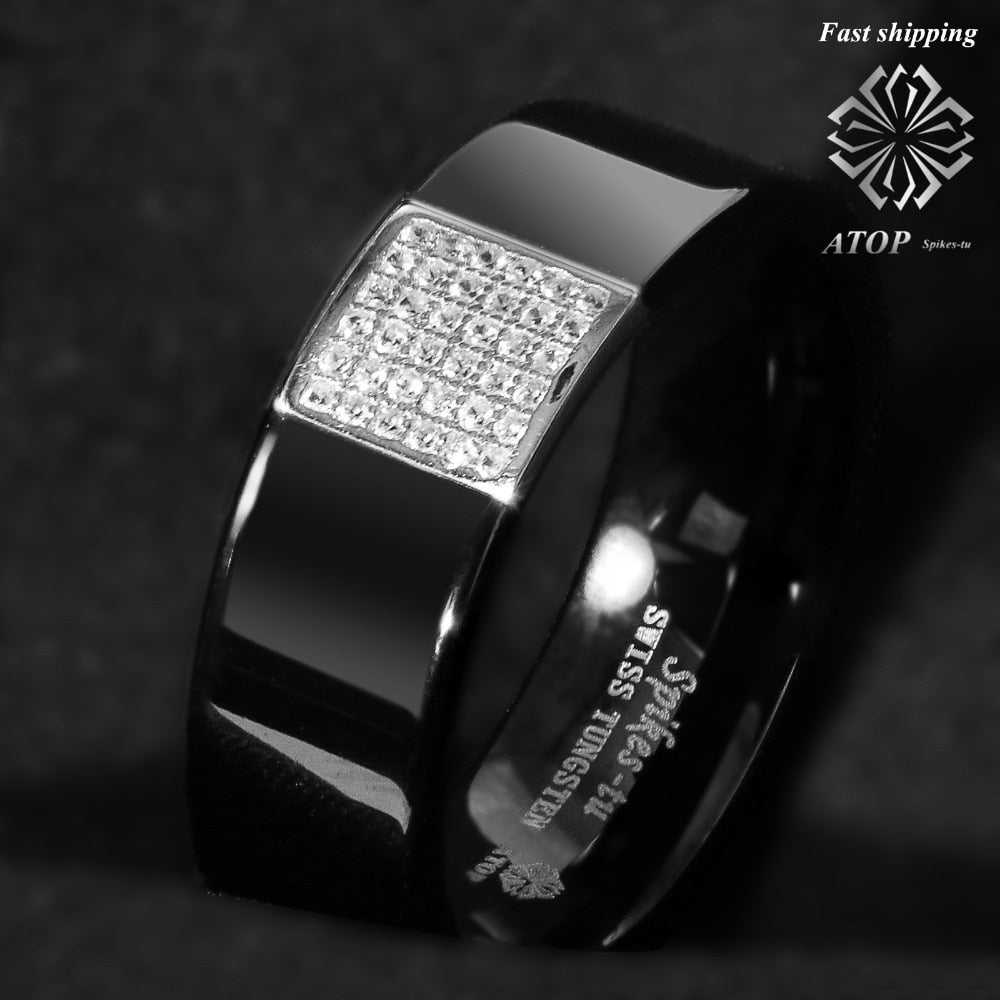 8mm Black Tungsten Ring 925 Silver Inlay 36 Diamonds ATOP Men